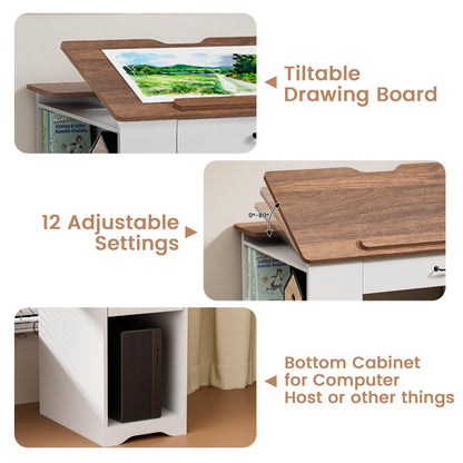 GatherHome Drafting Table with Storage Cabinet & Drawers, Adjustable Drawing Table with Open Shelves, Craft Art Desk for Artists, Painters, Drawing, Crafting, Reading, Writing, Working
