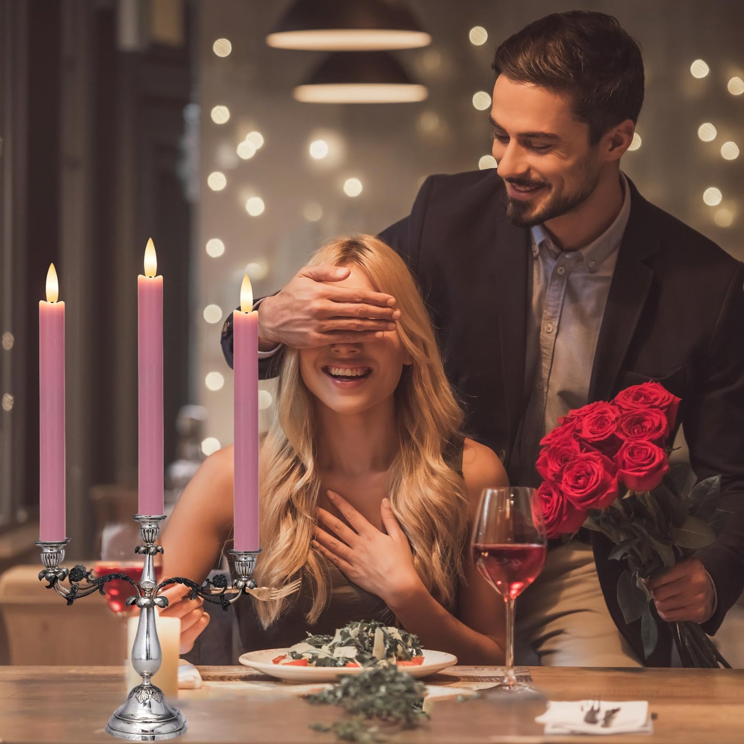Pink Flameless Taper Candles with Remote, Real Wax Battery Operated LED Candles with 3D Flickering Flame, 9.6" Realistic Dripless Candlesticks for Valentine's Day Decor, Proposal Wedding, 3 Pack