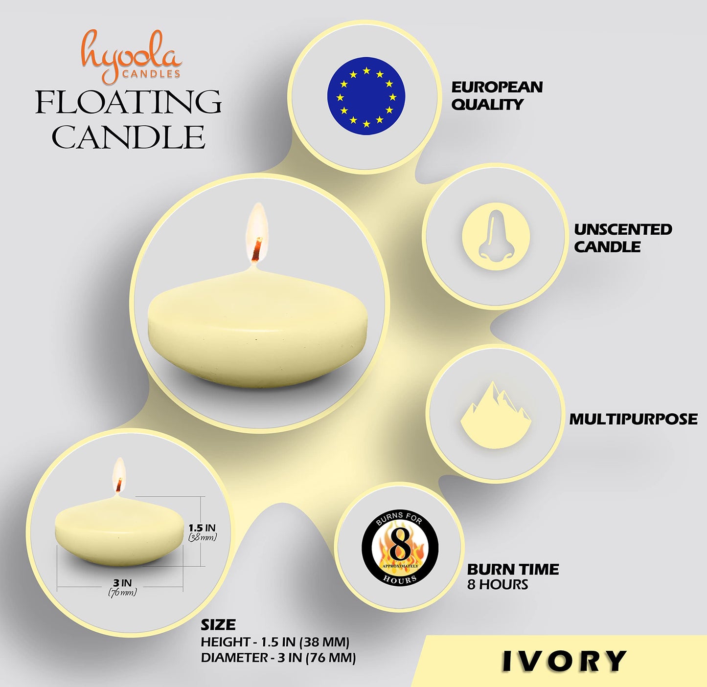 Hyoola Premium Ivory Floating Candles 3 Inch - 8 Hour - 12 Pack - European Made