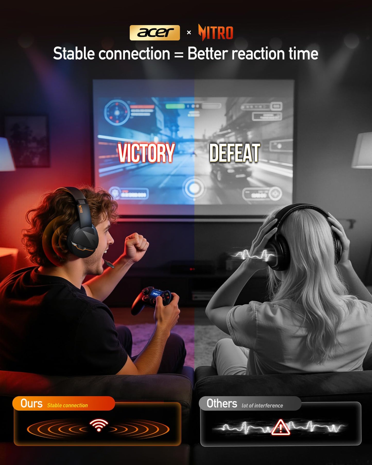 acer Wireless Gaming Headset, PS5 Headset with 2.4GHz for Ps5, Ps4, PC, Switch, Bluetooth 5.3 + 100Hrs Gaming Headphones with Noise Canceling Mic for Laptop, Mobile, Mac, 50mm Drivers (Orange)