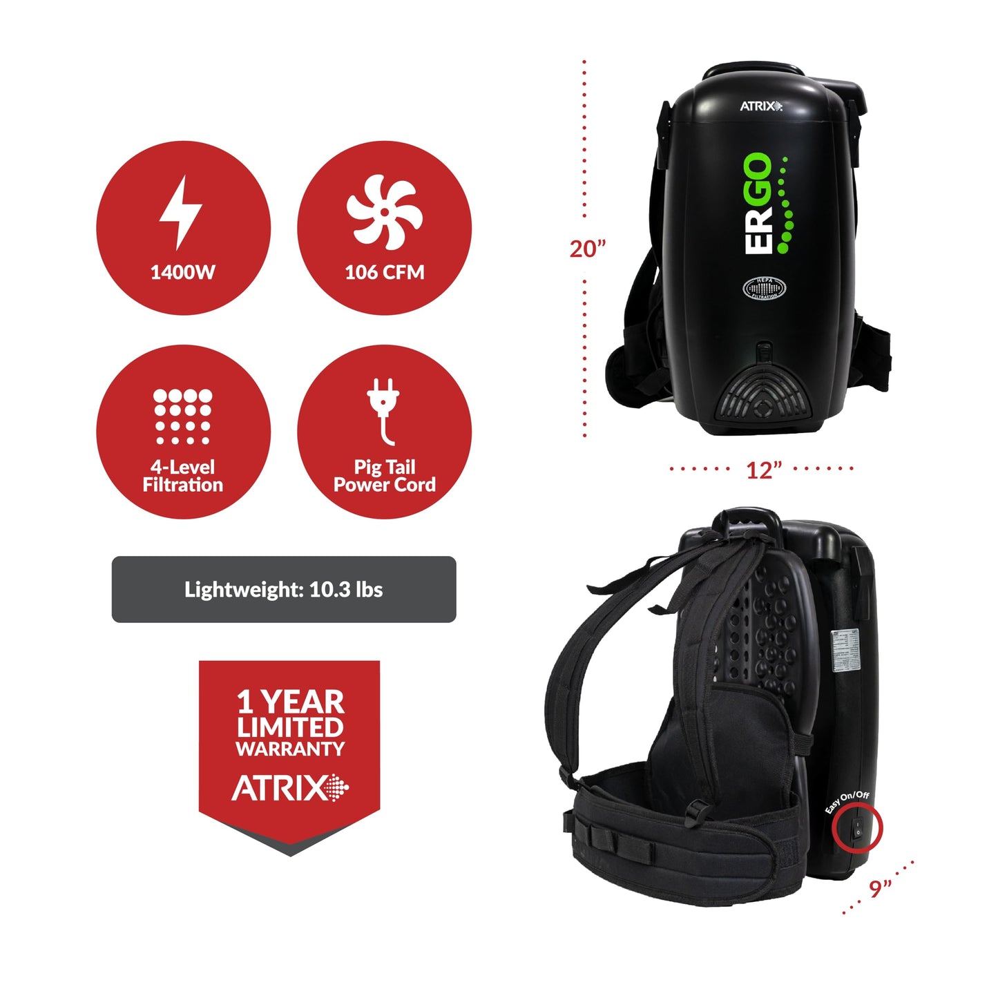 Atrix Ergo Backpack Canister Vacuum, Portable Cleaner with Attachments for Professional and Residential Use, VACBP10 Premium Bundle