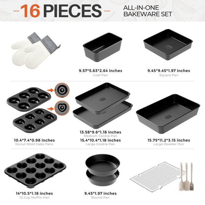 16-Piece Nonstick Bakeware Set with Oven Mitts, Donut Pan, and Heart Pan, Stackable Carbon Steel Baking Pans Set with Kitchen Utensils and Rack, Ceramic Coating, Black