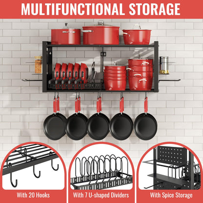 31 Inch Pot Rack Wall Mounted，3 in 1 Pots and Pans Organizer with 2 tier Kitchen Racks & Pot Lid Organizer Holder and 20 Hooks,Heavy Duty Hanging Pot Hanger for Kitchen Cookware, Utensils, Black