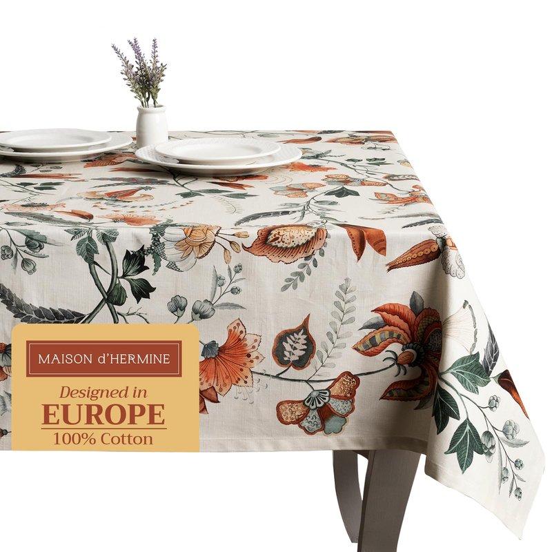 Maison d' Hermine Table Cloth Rectangle Table 100% Cotton 70 x 90 Inches Fall Tablecloth Reusable Everyday Use for Thanksgiving Christmas Decorations Dining Farmhouse Party (Dalida)