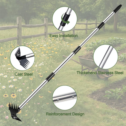 Weed Puller Tool with Long Handle, 60inch Manual Weed Puller Tool, Stainless Steel 2 in 1 Hand Weed Rake,Heavy Duty Garden Hoe for Gardening, Uprooting Weeder Remover for Patio, Lawn, Yard