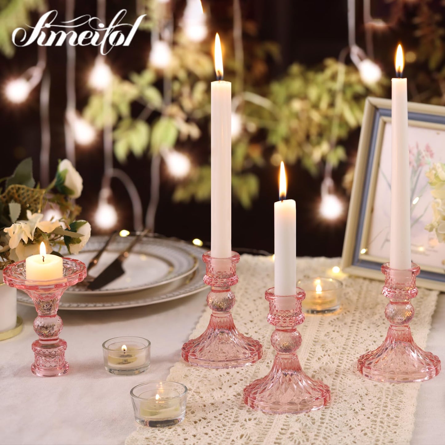 Simeitol Glass Candle Holder Set of 12, Pink Taper Candle Holders Bulk, Vintage Candlestick Holders, Candle Stick Holder for Table Centerpieces, Wedding & Mother's Day