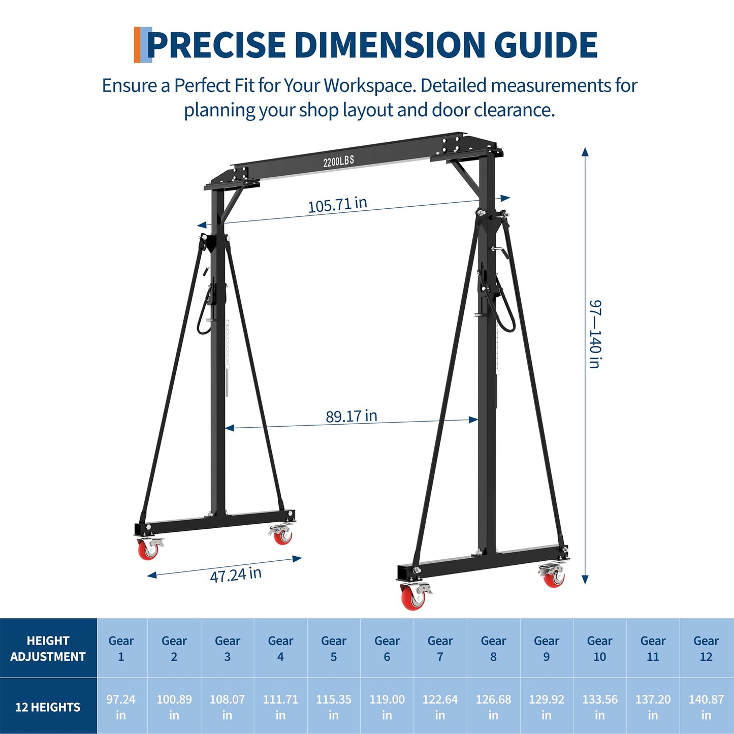 Adjustable Gantry Crane, 1 Ton 2200 LBS Capacity, Portable Gantry Crane Height Adjustable 97" to 141" with 12 Positions, for Factories, Warehouses, Construction, Auto Repair