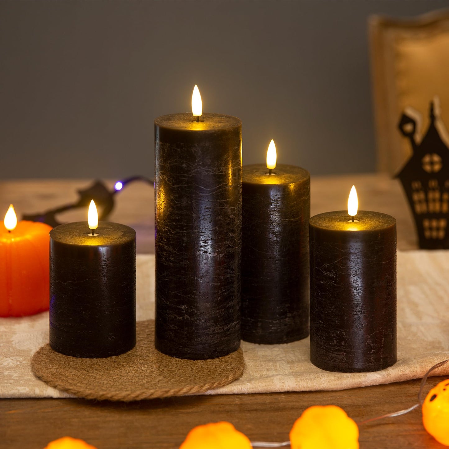 LUSHARBOR Halloween Flameless Candles, 4 Pack Battery Operated Halloween Candles with Remote, Wax LED Fake Pillar Candles Fireplace/Shelf Decor D3 H 5" 6" 7" 9" Black