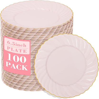 YOUBET 100 Pack Pink Scalloped Plastic Plates - 6.5 Inch Pink Disposable Plates - High End Elegant Vintage Dessert Plate for Party & Weeding & Birthday