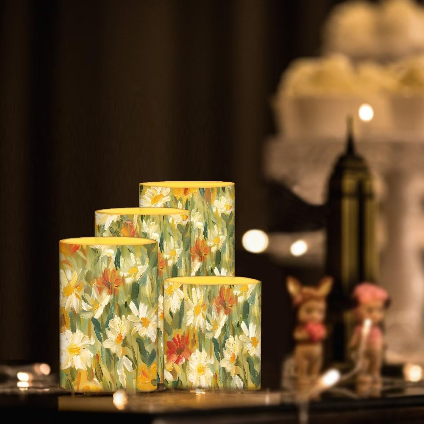 Cozeyat Daisy Garden LED Candles Set of 4 Battery Powered Flameless with Remote Timer Flickering Waterproof for Table Beach Home Decoration Wedding Decor