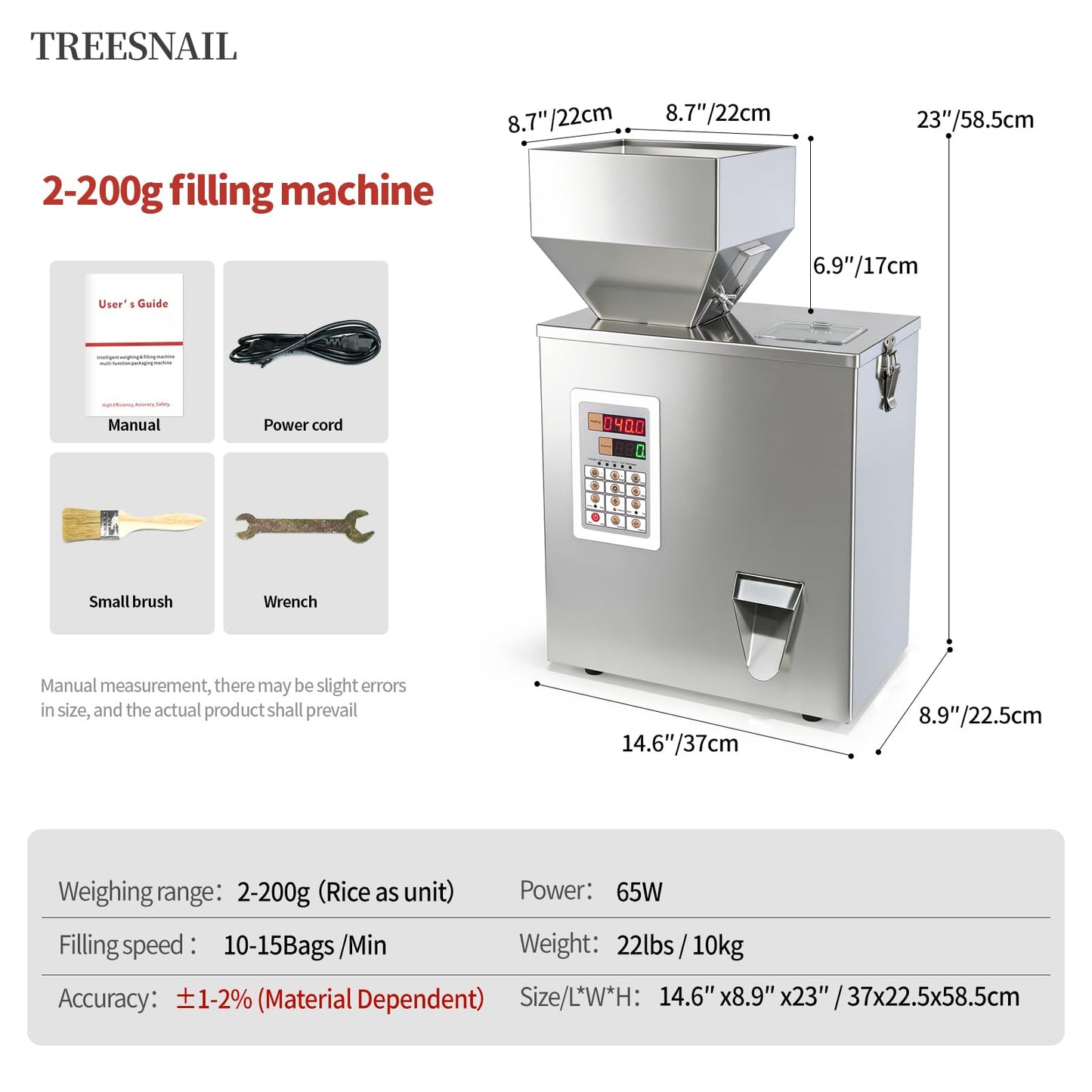 TREESNAIL 2-200g (0.0044-0.44lbs) Powder Filling Machine, Automatic Intelligent Particle Weighing & Dispensing Filler for Tea, Coffee, Flour, Spices, Granules, 8-16 Packs/Min, 110V
