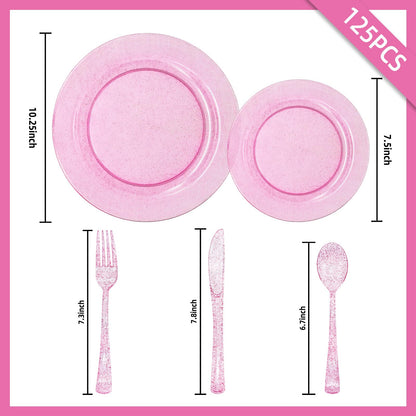 joy akkess 125 PCS Hot Pink Plastic Plates with Pink Plastic Silverware include 25 Dinner Plates 10.25”, 25 Dessert Plates 7.5”, 25 Forks, 25 Knives, 25 Spoons for Birthday, Bridal Shower,Girl Party