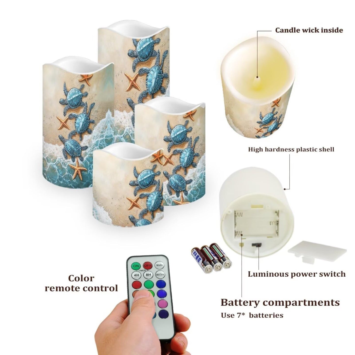 Ystardream 4PCS Flameless Candle Sea Turtle Led Flameless Candles with Remote Fake Candles that Look Real for Home Living Room Bathroom Bedroom Decor,Starfish