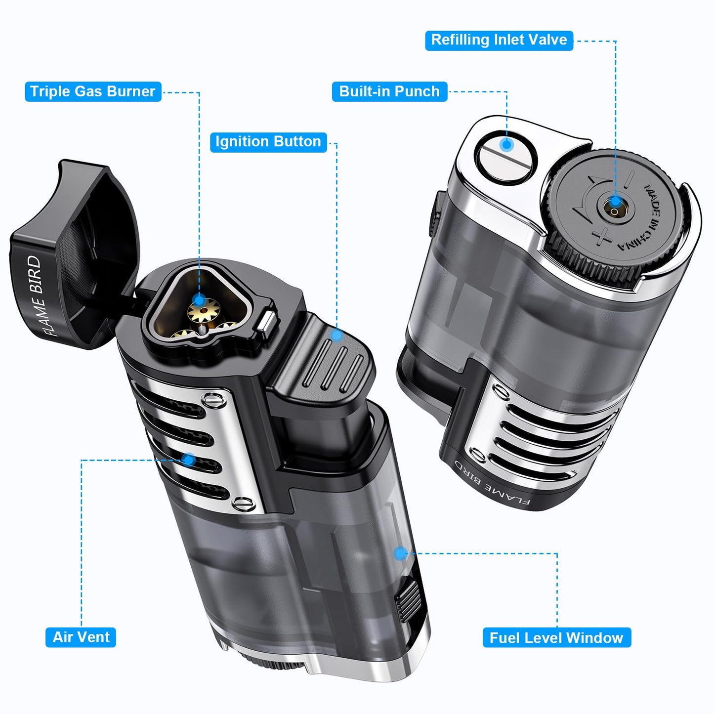 Torch Lighter Butane Refillable Triple Jet Flame Torch Lighters, Windproof Adjustable Flame Butane Torch Lighter with Punch 2 Pack (Without Fuel)