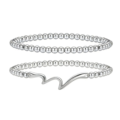 Jsuospmy Silver Beaded Bracelets for Women 14K Silver Wave Bracelet Handmade Stackable Bracelets for Women Trendy Non Tarnish Bracelet Jewelry Gift for Womens 2Pcs (10.Wave+Beaded (Silver))