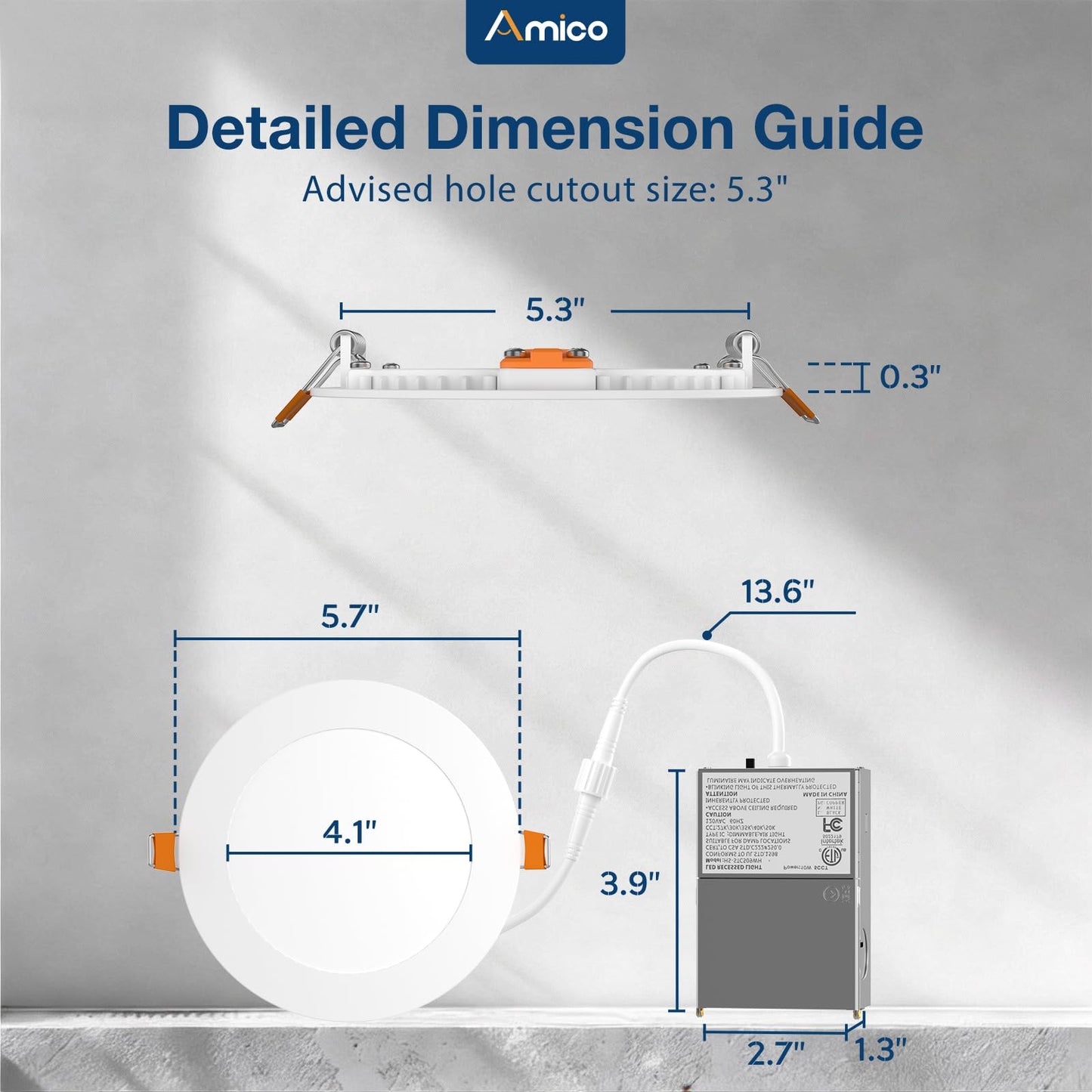 Amico 4 Pack 5 Inch 5CCT Ultra-Thin LED Canless Recessed Ceiling Light with Junction Box, 2700K/3000K/3500K/4000K/5000K Selectable, 11W=75W, 900LM High Brightness, Dimmable Wafer Downlight-ETL&FCC