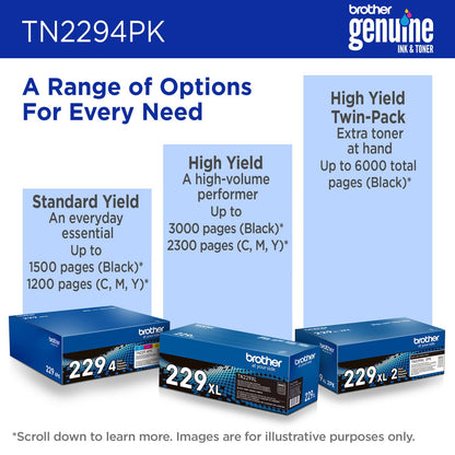 Brother Genuine TN2294PK Standard Yield 4-Pack Printer Toner Cartridges - Black, Cyan, Magenta, Yellow Toner Multipack