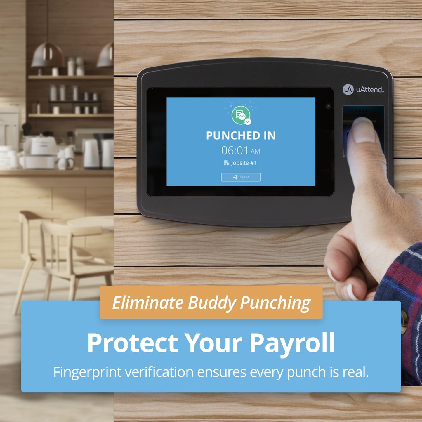 uAttend JP2000 Payroll Time Clock – Cloud Payroll Engine with Biometric & RFID, Time & Attendance System, Faster Payroll - $100 Payroll Fees Credit