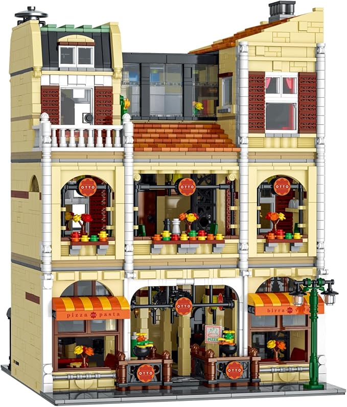 Pizza Shop Street View Building Blocks Set5588Pieces 3-Story Retro European Architecture Model with Detail Interior Scenes Collectible Modular Building Blocks for Adults &amp Teens 14+