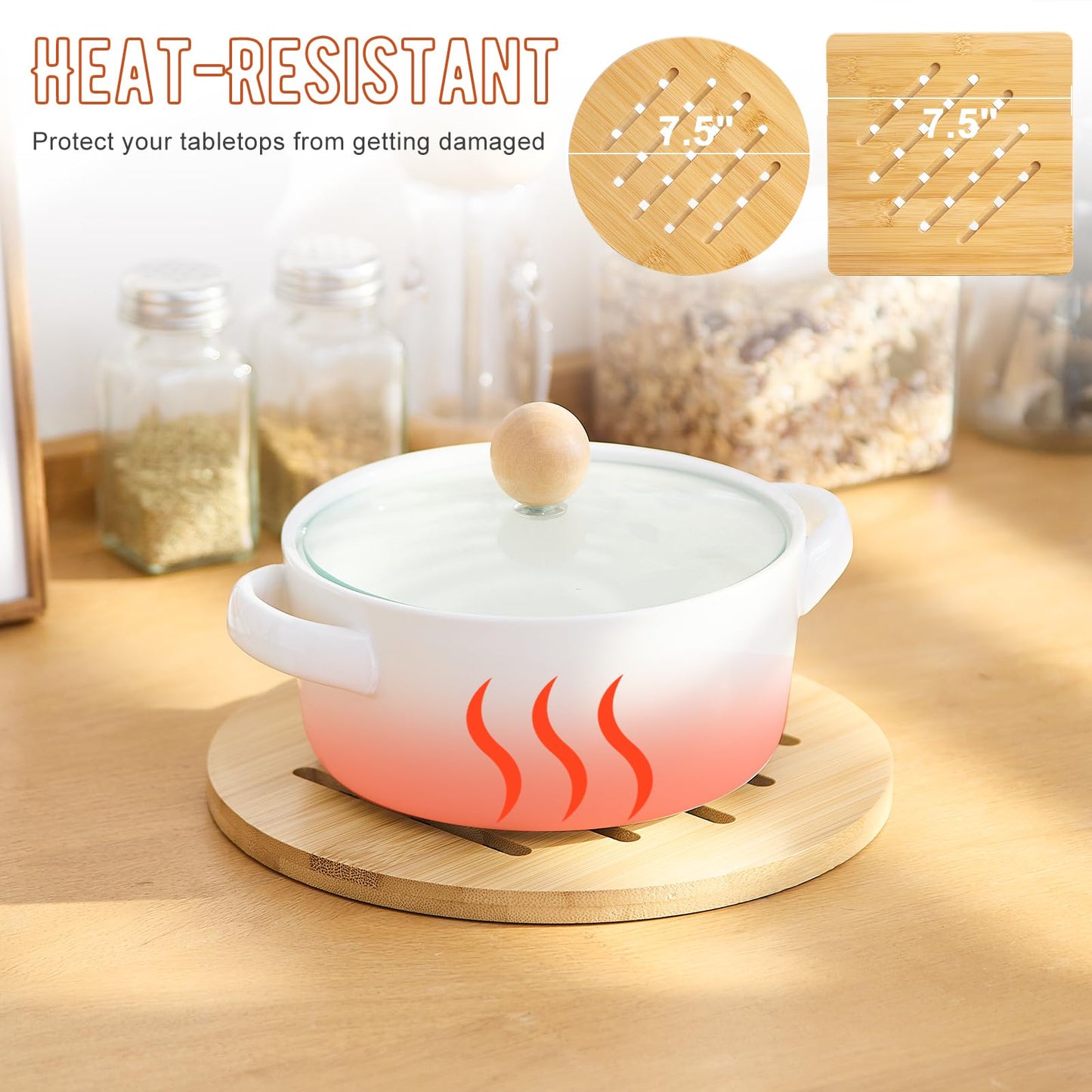 GHWIE Bamboo Trivet with Stand - Heat Resistant Pot Holders for Kitchen, Multi-Purpose Pads, Plate Mats, Large Stove Mat - Air Fryer Accessories and Trivets for Hot Dishes, 4 PCS