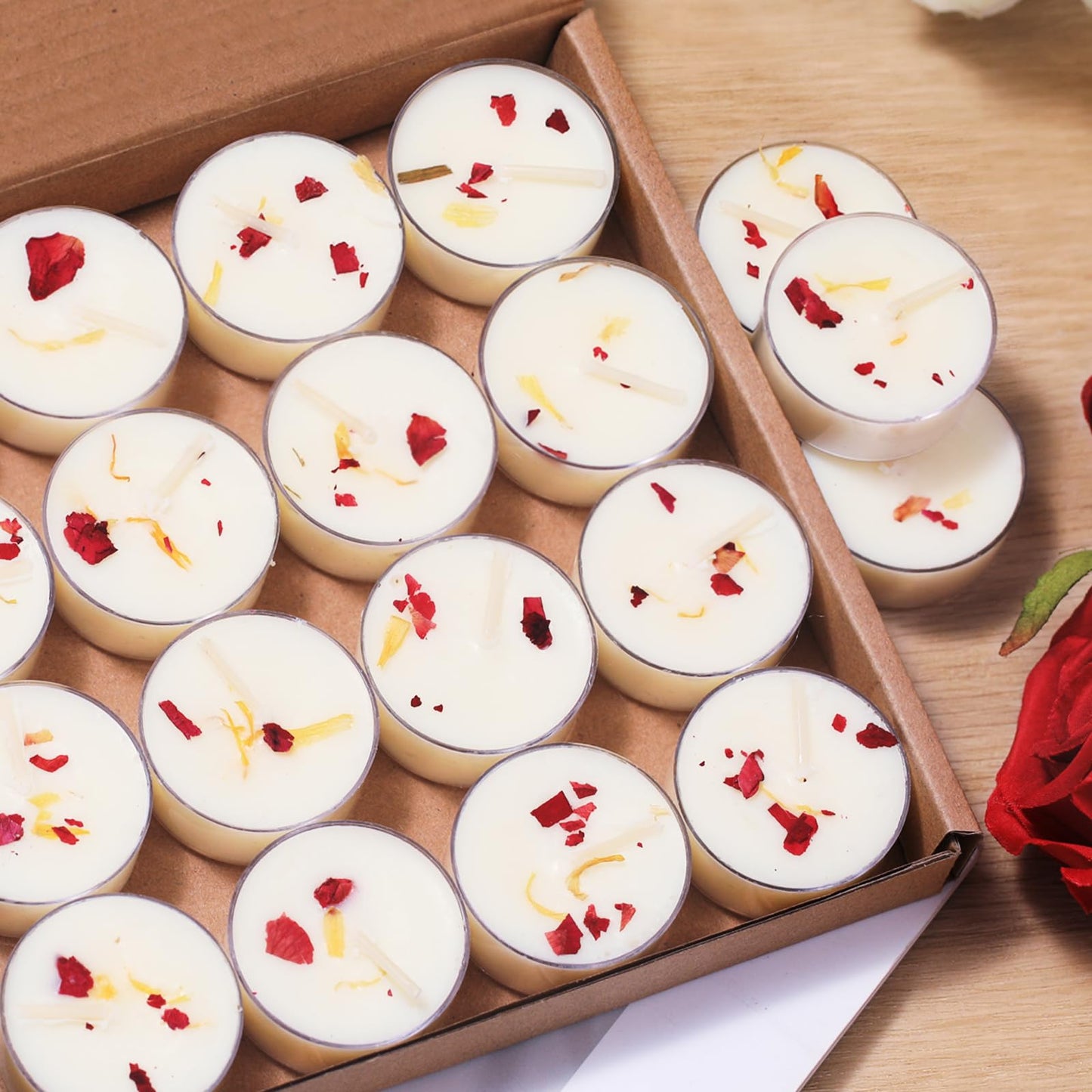 16Pcs Rose Scented Tealight Candles, Palm Wax White Tea Lights, 4h Long Burning Tea Light Candles with Dried Flowers for Holiday, Wedding, Spa, and Home Decoration