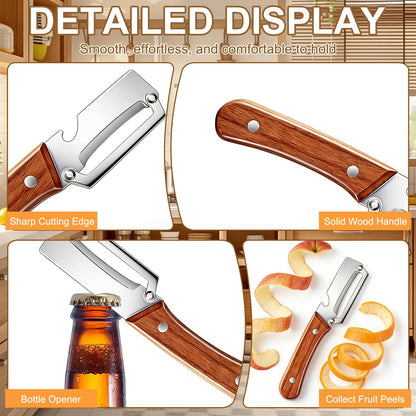Premium Vegetable Peeler with Wooden Handle and Bottle Opener,2-in-1 Stainless Steel Kitchen Tool for Fruit Potato Zucchini Pumpkin Papaya(2 PSC)