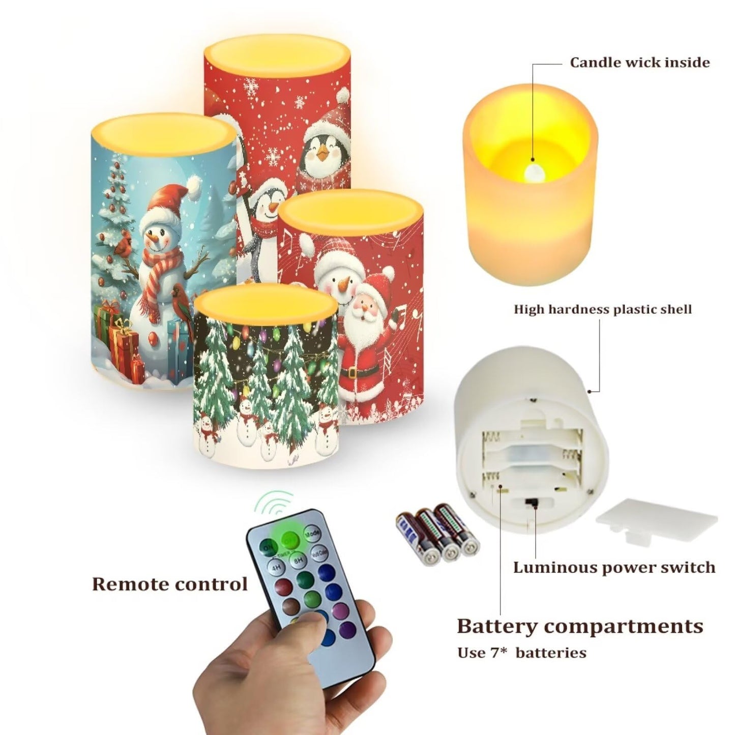 NETILGEN Christmas Day Decorative Flameless LED Candles Set of 4 Electric Candles with Remote Timer Control Color Changing, Santa Claus Snowman Print