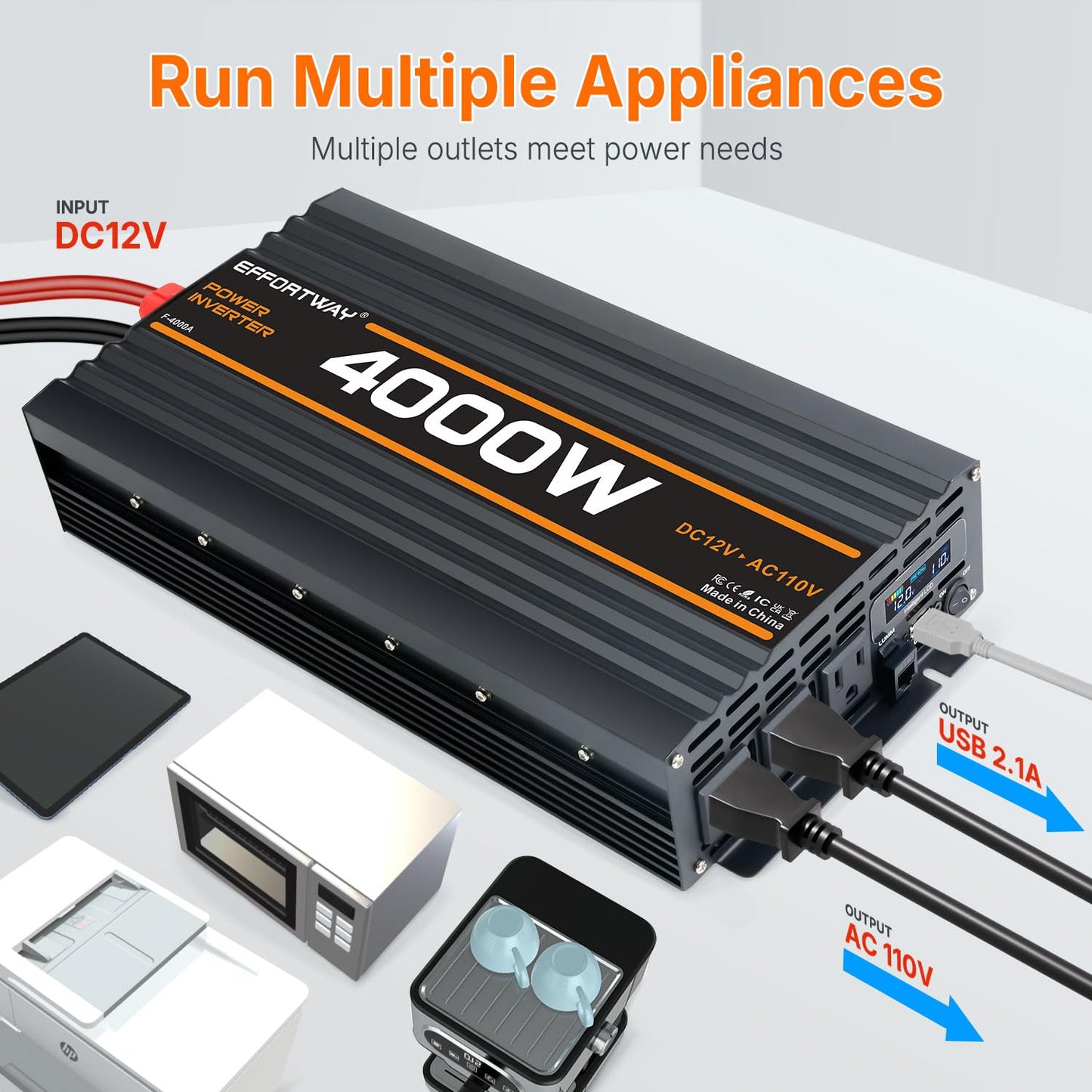EFFORTWAY 4000W Power Inverter, 12V DC to 110V/120V Modified Sine Wave Inverter with 3 AC Outlets, USB Port, Wired Remote Controller, Car Power Inverter for RV, Truck, Boat, Camping, Off-Grid