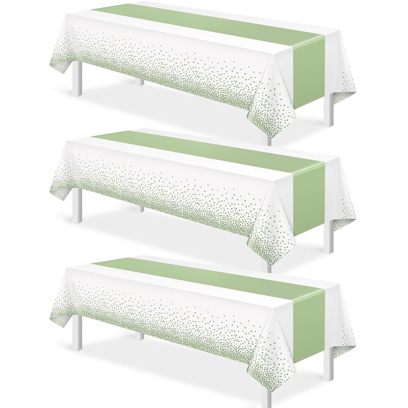 3Pcs White and Sage Green Tablecloth Decorations,Plastic White Table Cloth Printed Green Table Runner Disposable Rectangle Tables Cover for Birthday Wedding Anniversary Graduation Party,54 x108 Inch