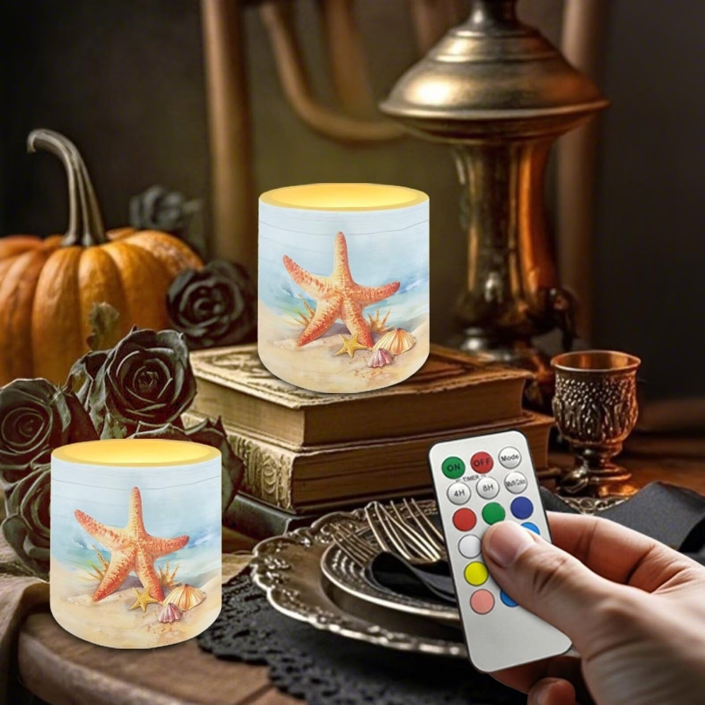 Merkmak Pack of 4 Coastal Starfish Flameless Candles with Remote Battery Operated Candles with Timer Flickering LED Elictric Pillar Tealights for Indoor Outdoor Home Table Decorations