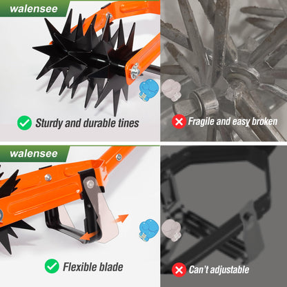 Walensee Rotary Cultivator Garden Tool, Adjustable Long Handle Hand Tiller with Star-Shaped Rolling Tines, 2-in-1 Weeder & Soil Aerator for Lawn Care, Reseeding Grass, Soil Mixing, Manual Yard Tiller