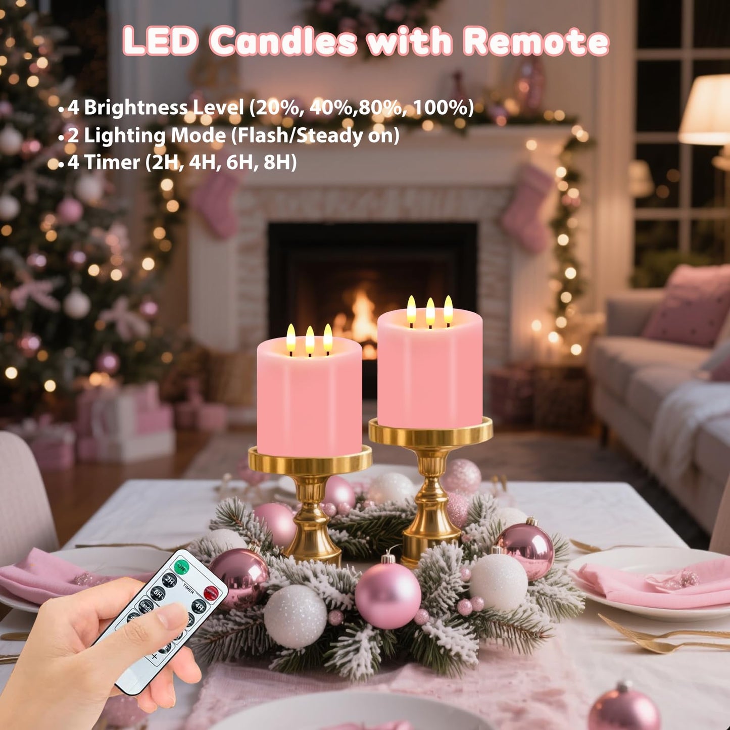 Large 3 Wick Flameless Candles, 4"x4" Flickering Flameless Candles with Remote & Timer, Dimmable Real Wax LED Candles Battery Operated, Electric Pillar Candles for Wedding Valentine's Day Decor (Pink)