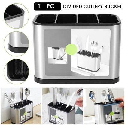 FAMIWIN Silverware Cutlery Organizer, Stainless Steel Kitchen Utensil Holder with 4 Compartments for Counter, Caddy Organizer for Faltware Spoon Fork and Tool