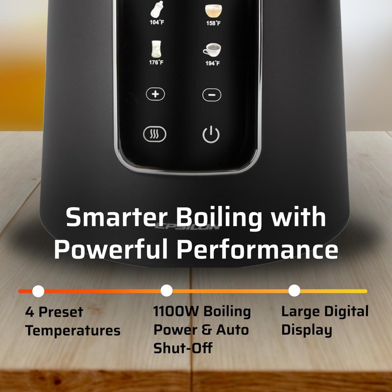 Epsilon LCD Electric Kettle 1100W - 1.7L Hot Water Tea Kettle with Digital Display, Temperature Control, Fast Boil, BPA-Free Electric Teapot with Auto Shut-Off & Boil Dry Protection