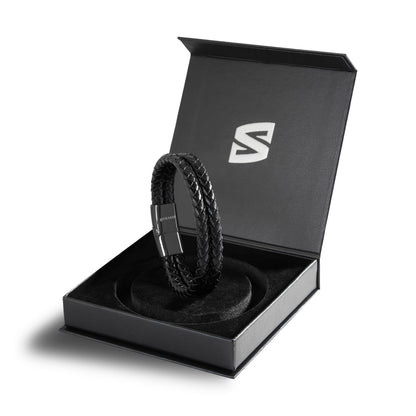 SERASAR 8″ Black Leather Bracelets for Men Mens Cowhide Gift Box Braided Bracelet Stainless Steel Jewelry Wrist Band Cuff Wrap Rope Bangle Dad Man Pulseras para Hombres Cuero Regalo