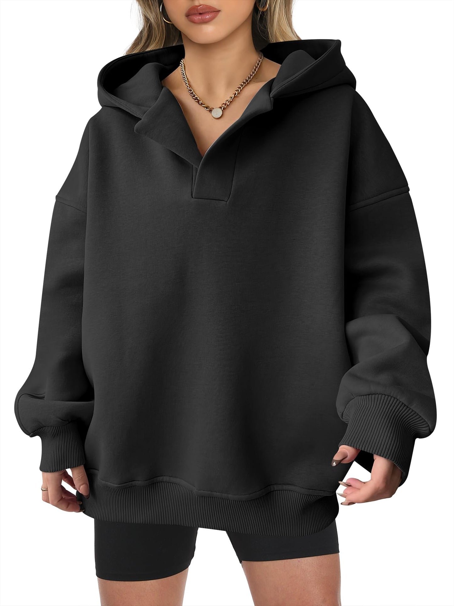 ANRABESS Womens Oversized Hoodies V Neck Sweatshirts Fleece Long Sleeve Pullover Y2K Clothes 2025 Fall Trendy Outfits Black L