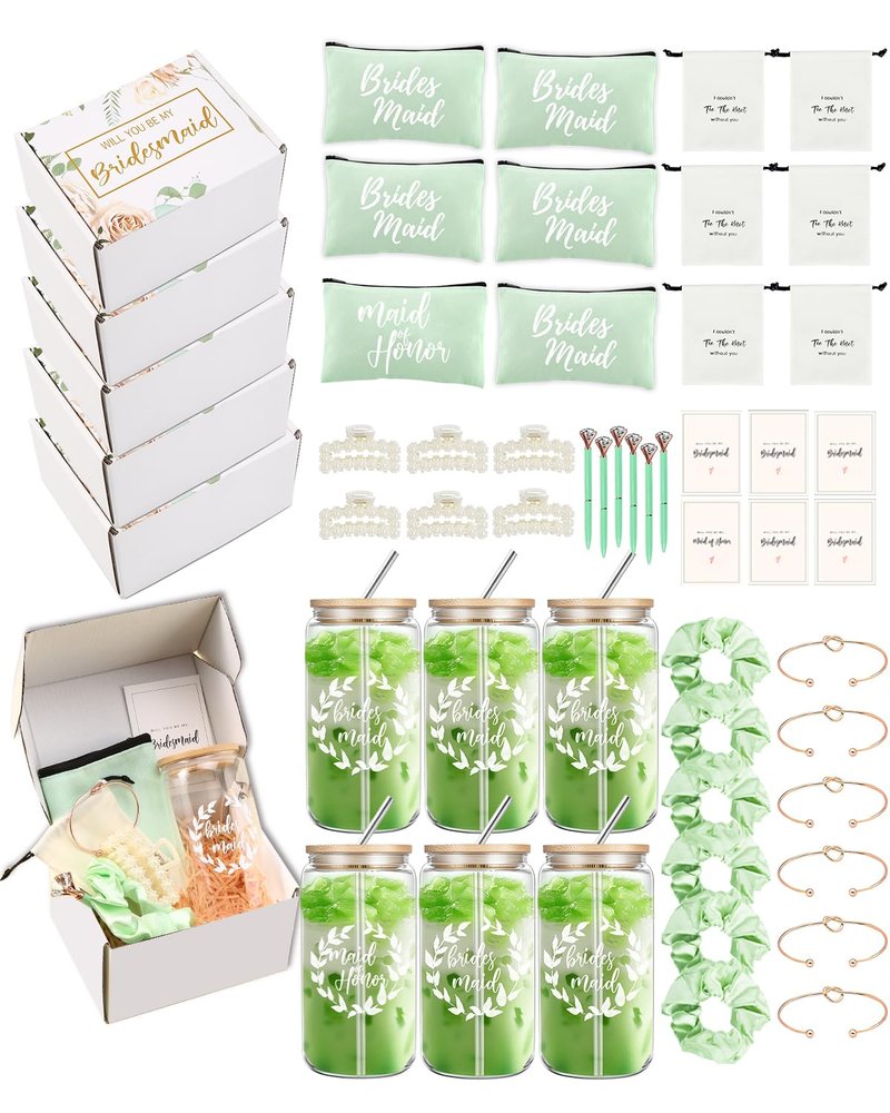 DHQH Bridesmaid Proposal Gifts Box Set, Will You Be My Maid of Honor Gifts for Bridal Shower Wedding, Bridesmaid Gifts Basket With 16 oz Iced Coffee Cup Bracelets Necklace (36pcs)