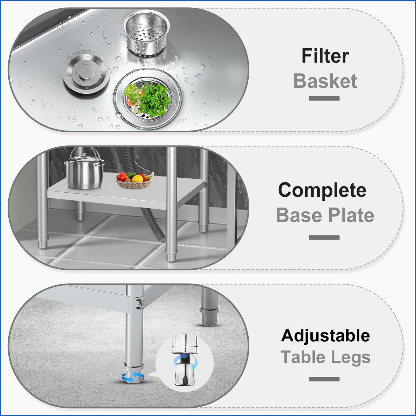 20Inch Stainless Steel Utility Sink, Commercial Single Bowl with Hot & Cold Water Lines, Drain Kit + Base Plate for Kitchen, Garage, Laundry