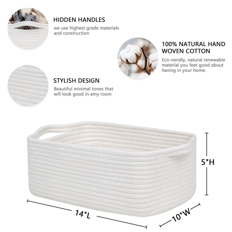 CubesLand Cute and Durable Small Cotton Rope Basket for Organizing, Woven Closet Storage Bin,Shelves Closet Storage Basket, Bathroom Storage Organizer Bin, Nursery Toy Basket Bin, White Basket