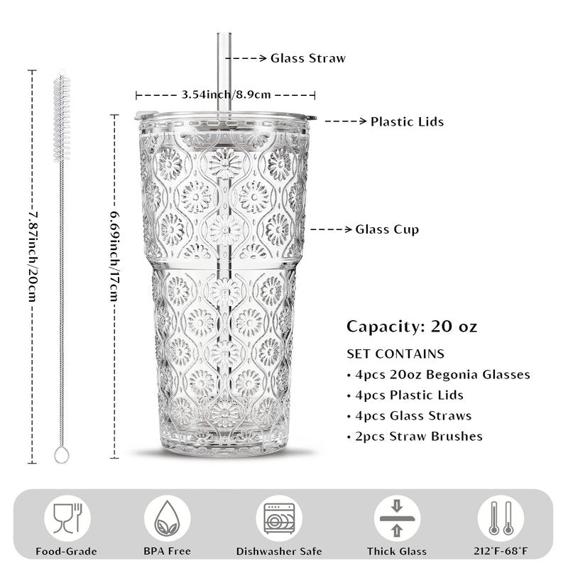 INSETLAN 20oz Begonia Flower Glass Tumbler Set of 4 – Thickened Glass Cups with Lids and Glass Straws for Iced Coffee, Smoothies, Milk, Water, and More – Elegant& Durable Drinkware