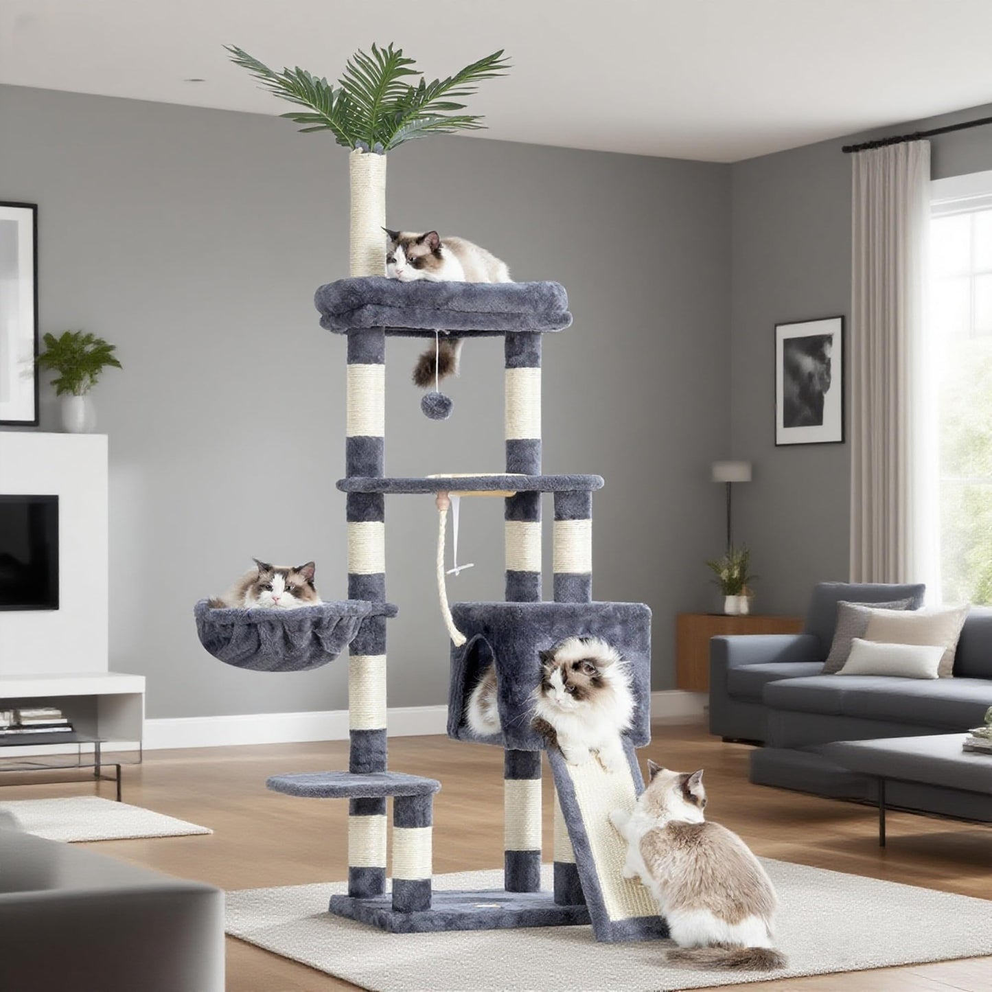 Heybly Cat Tree,Cat Tower for Indoor Cats, 65.4 inches Cat Condo with Perches, Basket, Feeding Bowl Station, Multi-Level Plush Furniture with Scratching Posts, Smoky Gray HCT015G