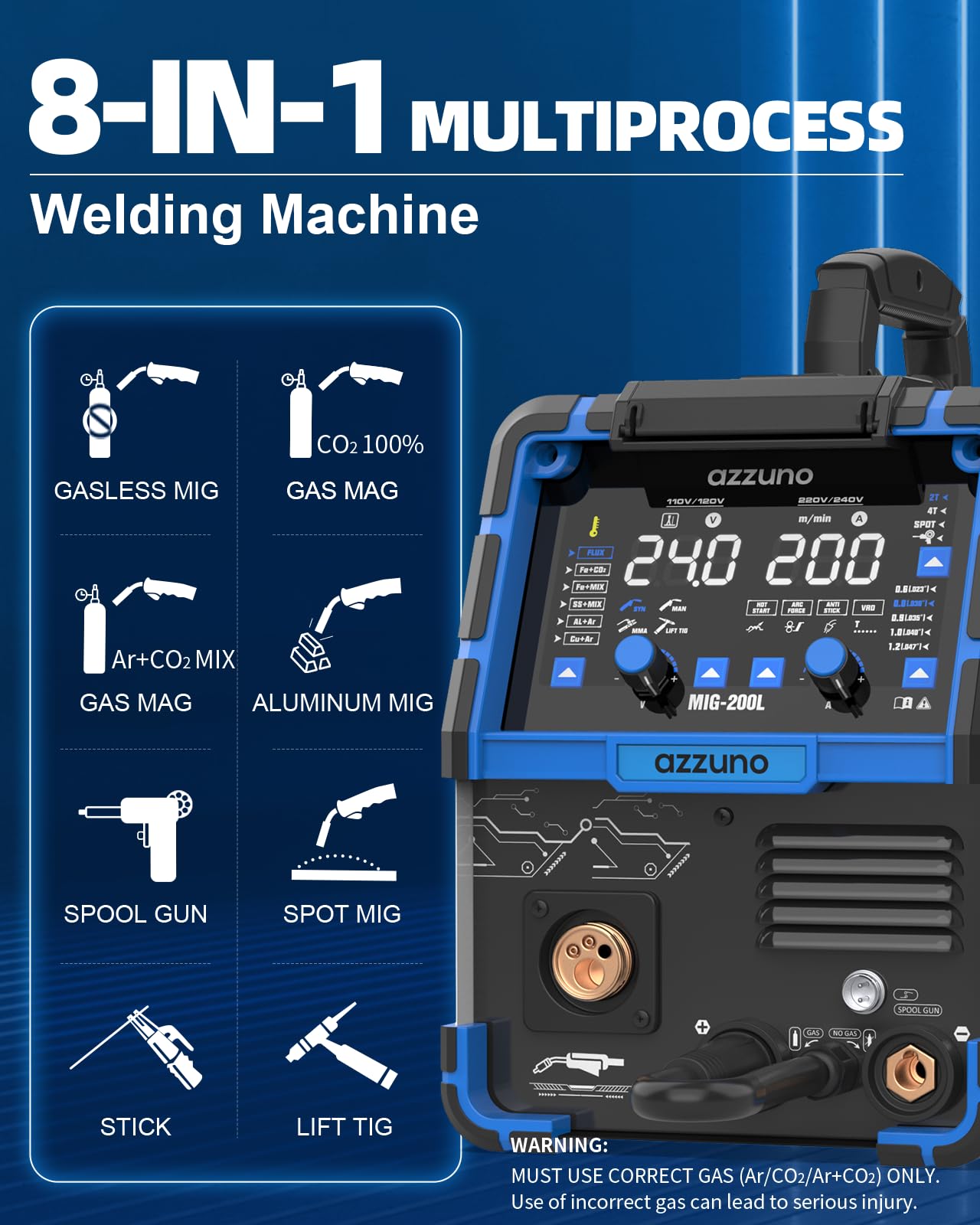 AZZUNO 200A MIG Welder+Lift TIG Welding Torch WP-17V(35-50mm²), 110V/220V 8 in 1 Welder Machine Aluminum MIG/Gas MAG/Gasless Flux Core MIG/Gas MIG/Spot MIG/Spool Gun Compatible/Lift TIG/Stick Welding