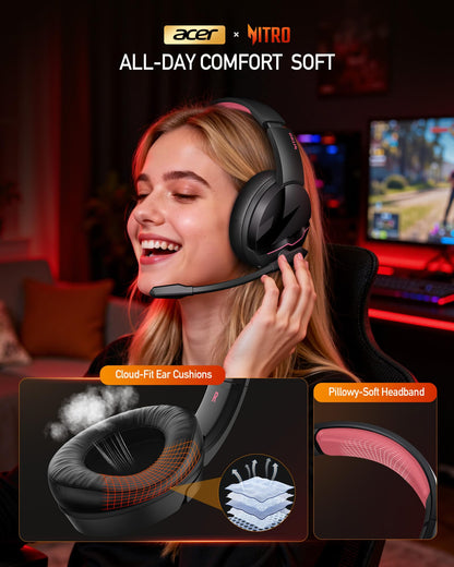 acer Wireless Gaming Headset, PS5 Headset with 2.4GHz for Ps5, Ps4, PC, Switch, Bluetooth 5.3 + 100Hrs Gaming Headphones with Noise Canceling Mic for Laptop, Mobile, Mac, 50mm Drivers (Blackpink)