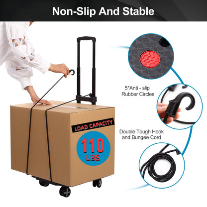 Folding Hand Truck, Lightweight Hand Truck Dolly Foldable,Luggage cart with 4 Rotate Wheels, Utility Cart with Adjustable Handle,Collapsible Dolly for Moving Travel Shopping Airport Office