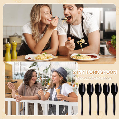 Eaasty 3000 Count Plastic Disposable Sporks Bulk Cutlery Spork 2 in 1 Heavy Weight Fork Spoon for Thanksgiving Fall Outdoor Activities School Picnics Parties Restaurants(Black)