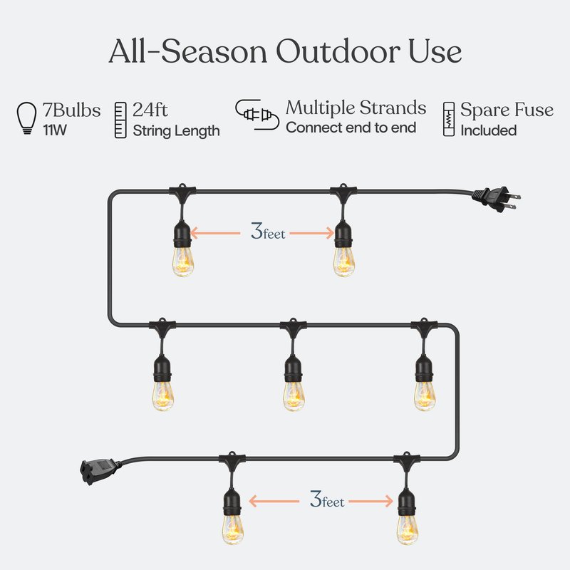 Brightech Ambience Pro Incandescent Outdoor String Lights - Commercial Grade Waterproof Patio Lights with 24 Ft Dimmable Edison Bulbs, Porch String Lights for Patio, Backyard, Christmas - 7 Bulbs 11W