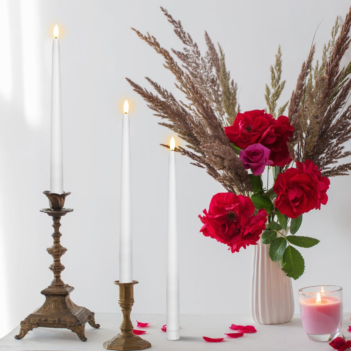 Baquler 50 Pcs Extra Long Flameless Taper Candles 12.4 inch Battery Operated Taper Candle Bulk LED Flickering White Candlesticks for Wedding Church Table Centerpiece Halloween Christmas Party Decor