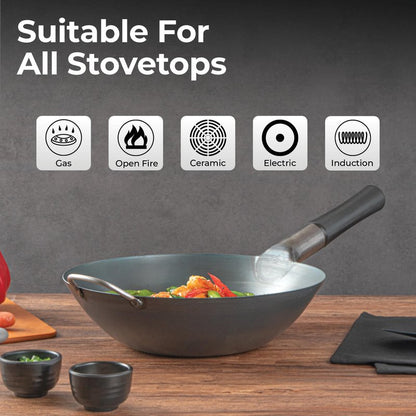 Restaurantware Carbon Steel Wok 1 Pack of 14 Inch Heavy-Duty Uniform Heat Distribution Pan Induction Compatible Round Bottom Wok Welded Handle Black For Gas Stovetops And Grills