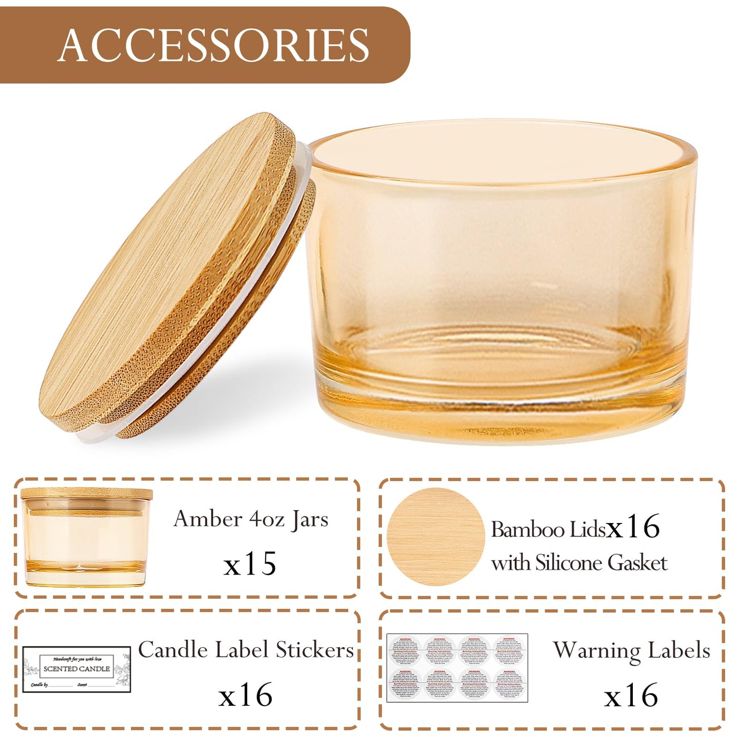 CONNOO 15 Pack 4 OZ Gold Amber Glass Candle Jars with Airtight Bamboo Lids for Making Candles, Bulk Small Wide Mouth Empty Candle Containers with Sticky Warning Labels - Dishwasher Safe, Champagne
