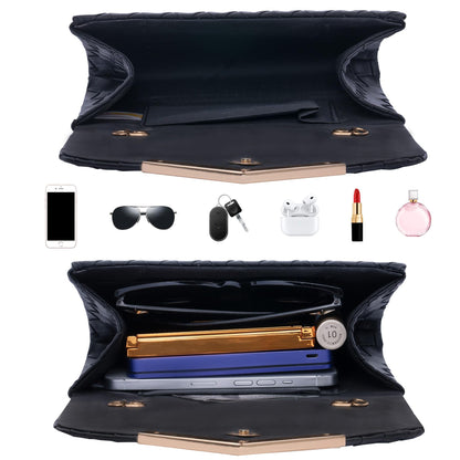Larcenciel Clutch Purse for Women, Woven Black Leather Evening Bag w/Chain Strap, Formal Envelope Clutch Handbag, Elegant Crossbody Shoulder Party Bags for Wedding, Prom, Cocktail Night, Date, Dinner